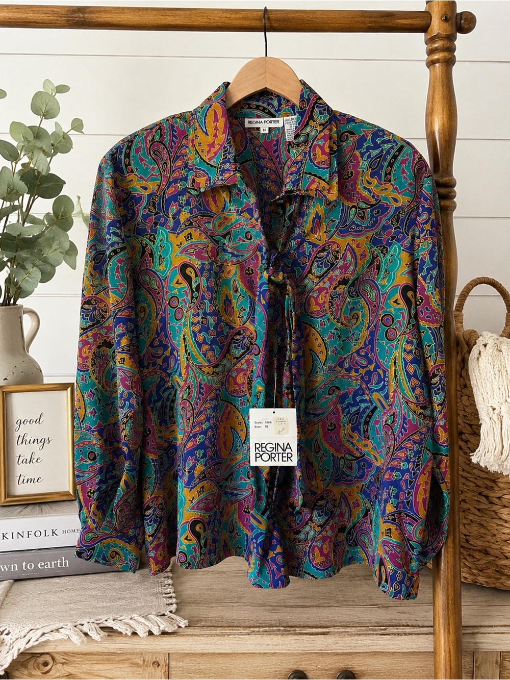 Vintage NWT Regina Porter Paisley  Blouse Multi Color Jewel Tone Size 16